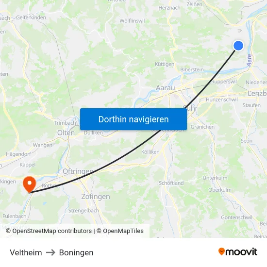 Veltheim to Boningen map