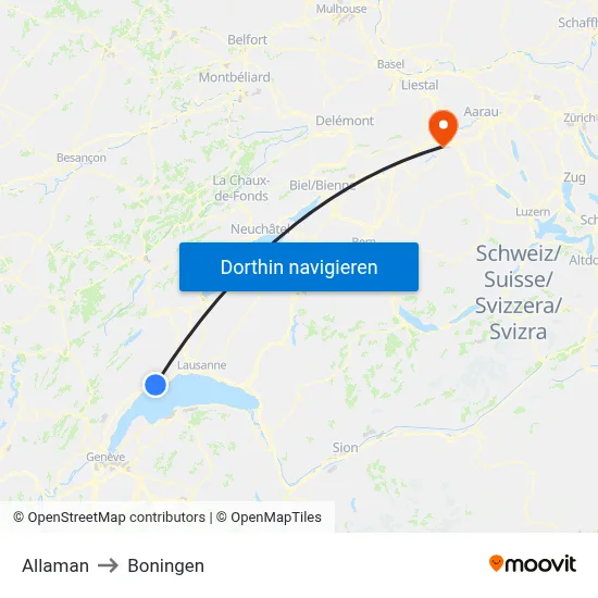 Allaman to Boningen map