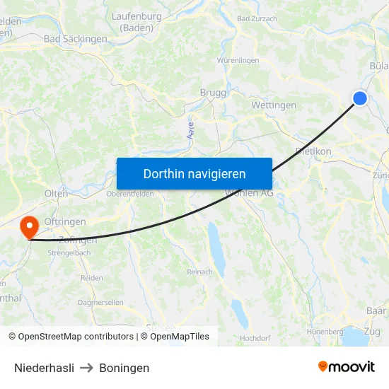 Niederhasli to Boningen map