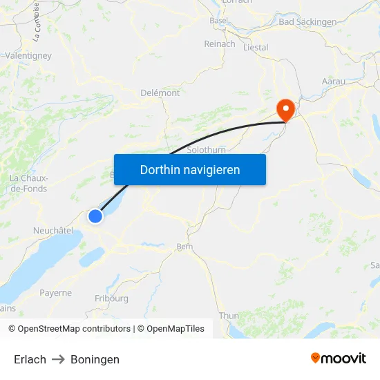 Erlach to Boningen map