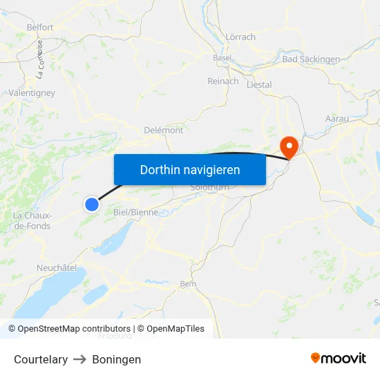 Courtelary to Boningen map