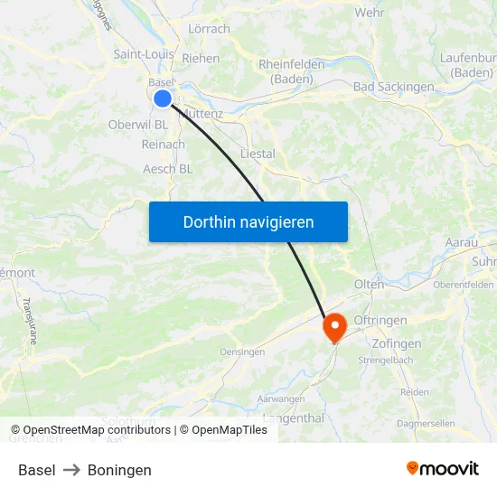 Basel to Boningen map
