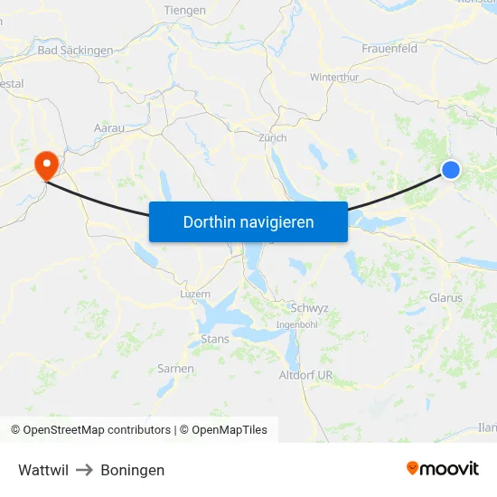 Wattwil to Boningen map