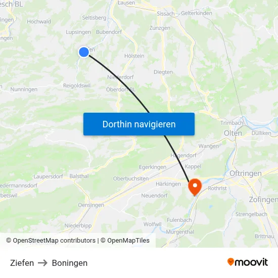 Ziefen to Boningen map