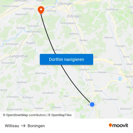 Willisau to Boningen map