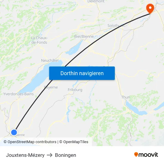 Jouxtens-Mézery to Boningen map