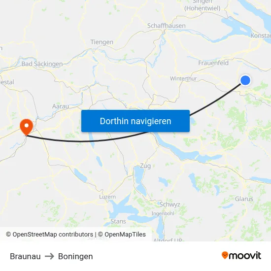 Braunau to Boningen map