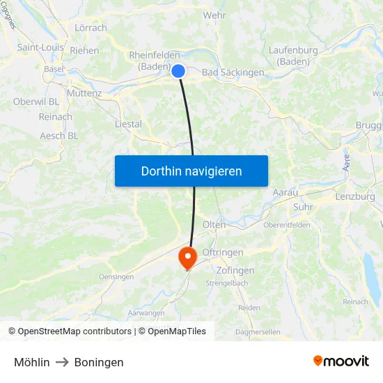 Möhlin to Boningen map