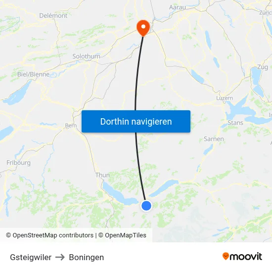 Gsteigwiler to Boningen map