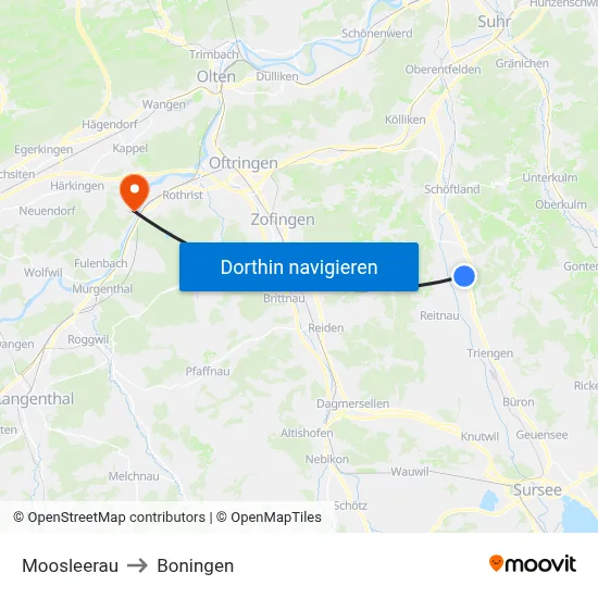 Moosleerau to Boningen map