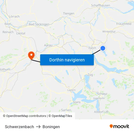 Schwerzenbach to Boningen map