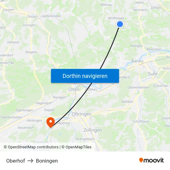 Oberhof to Boningen map
