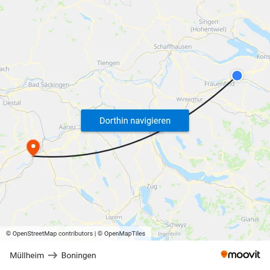 Müllheim to Boningen map