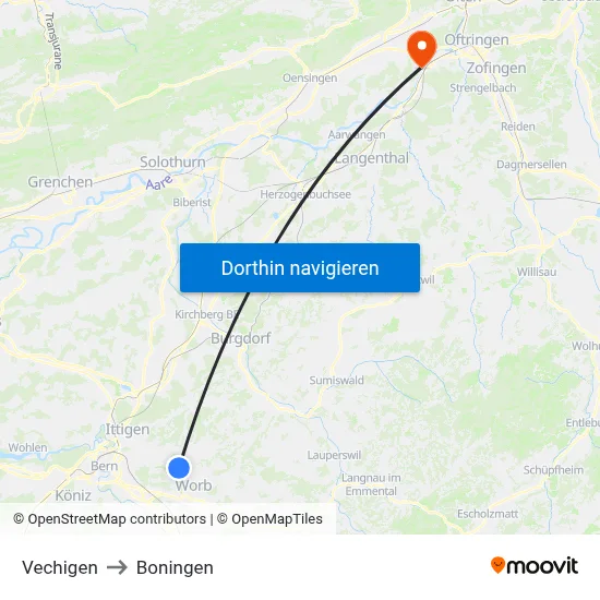 Vechigen to Boningen map