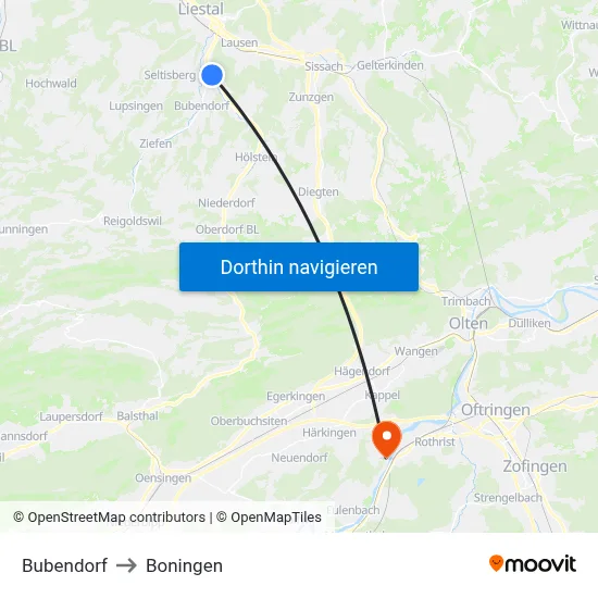 Bubendorf to Boningen map