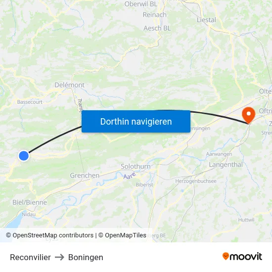 Reconvilier to Boningen map