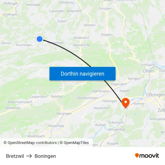 Bretzwil to Boningen map