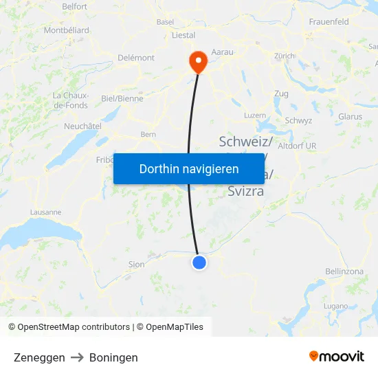 Zeneggen to Boningen map