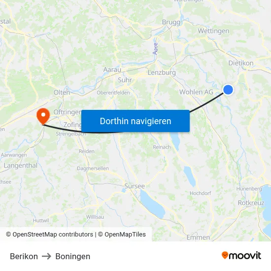 Berikon to Boningen map