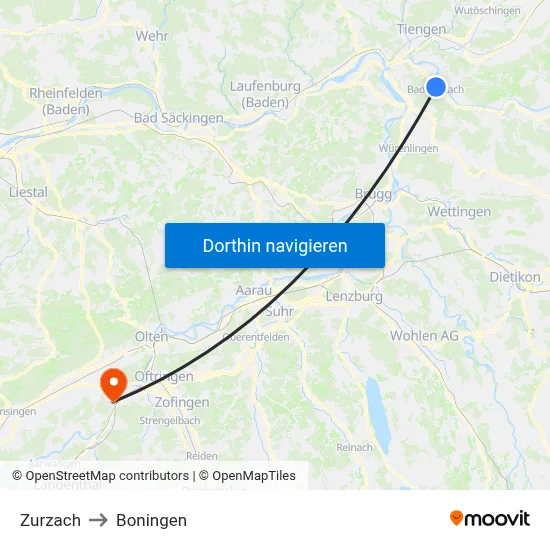 Zurzach to Boningen map