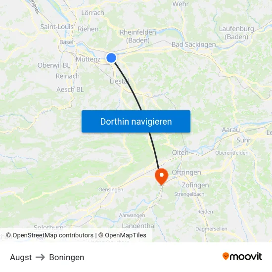 Augst to Boningen map