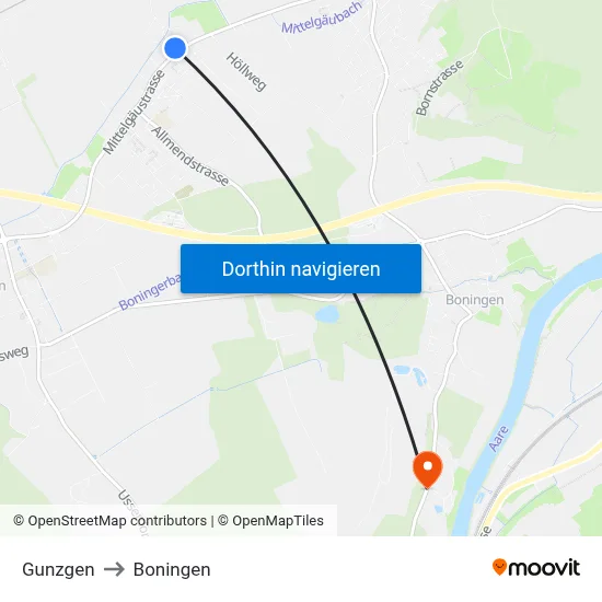 Gunzgen to Boningen map