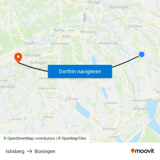Islisberg to Boningen map