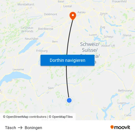 Täsch to Boningen map