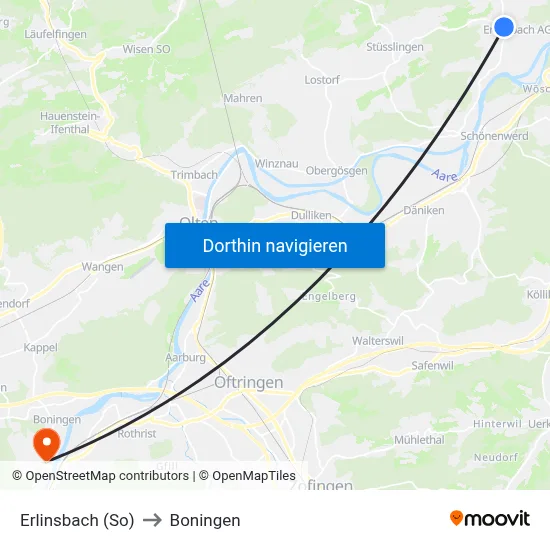 Erlinsbach (So) to Boningen map