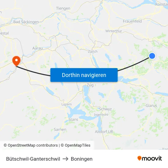 Bütschwil-Ganterschwil to Boningen map