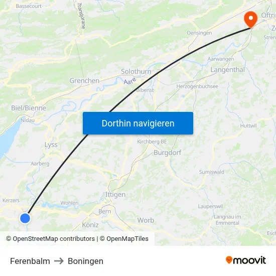 Ferenbalm to Boningen map
