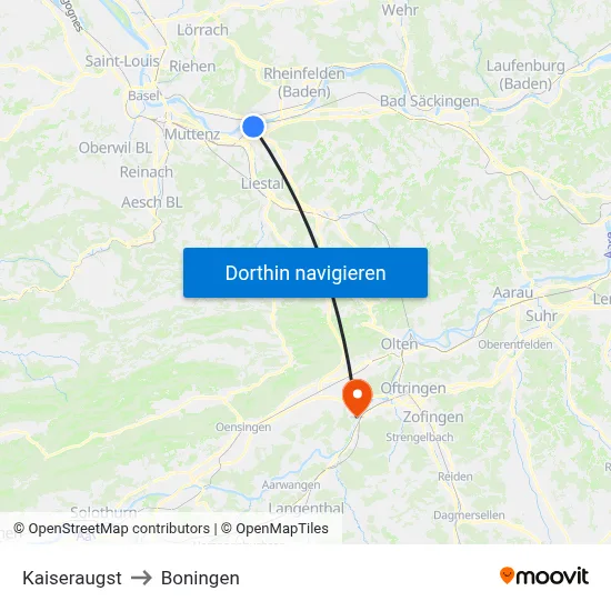 Kaiseraugst to Boningen map