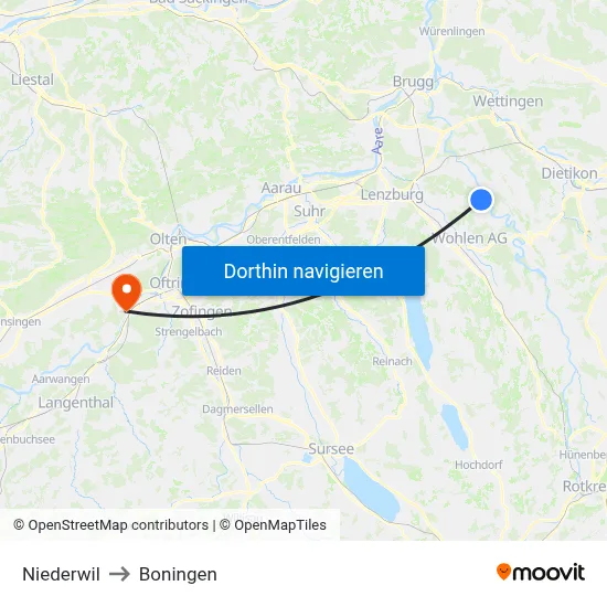 Niederwil to Boningen map