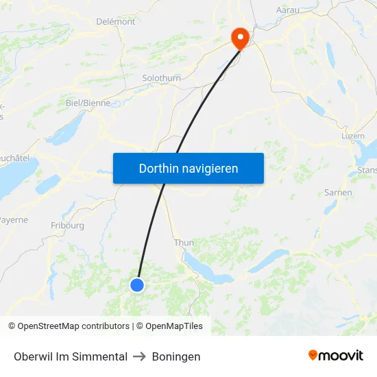 Oberwil Im Simmental to Boningen map