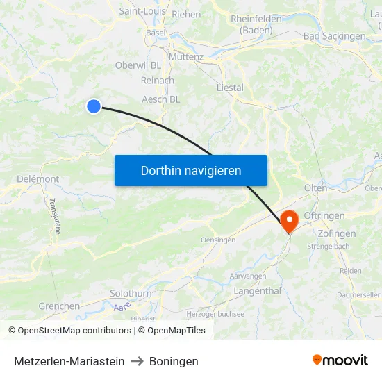 Metzerlen-Mariastein to Boningen map