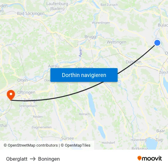 Oberglatt to Boningen map