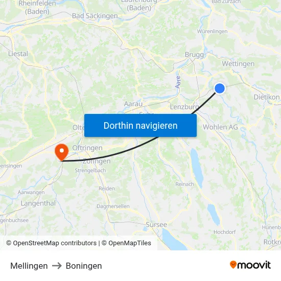 Mellingen to Boningen map