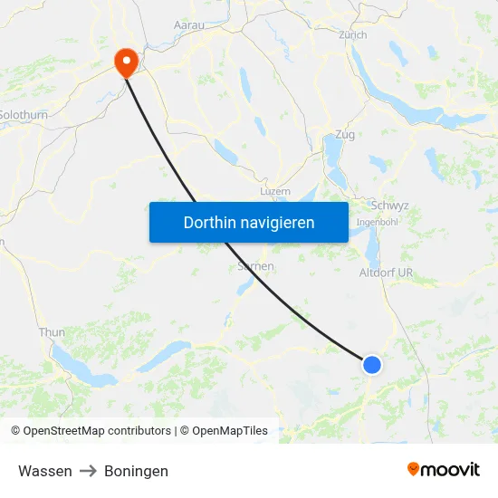 Wassen to Boningen map