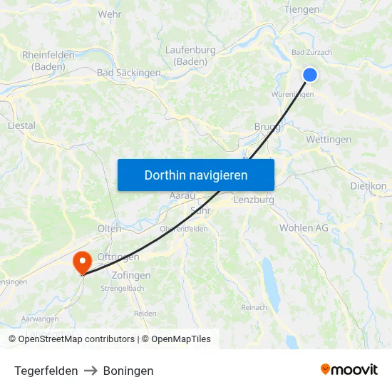 Tegerfelden to Boningen map