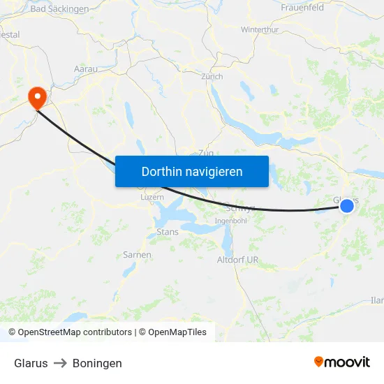 Glarus to Boningen map