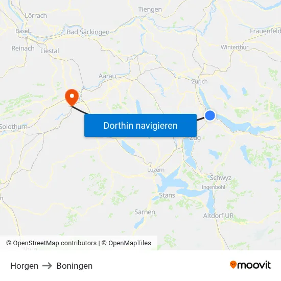 Horgen to Boningen map