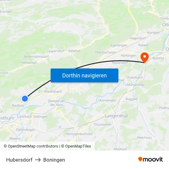 Hubersdorf to Boningen map