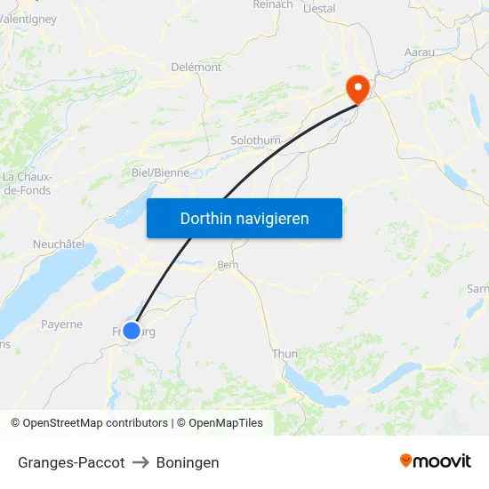 Granges-Paccot to Boningen map