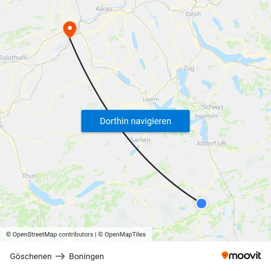 Göschenen to Boningen map