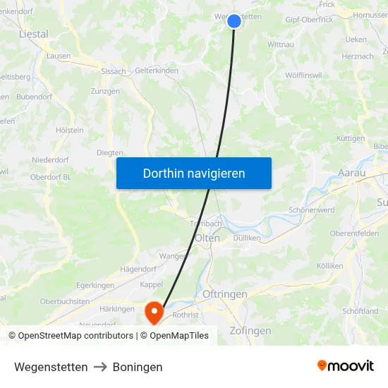 Wegenstetten to Boningen map