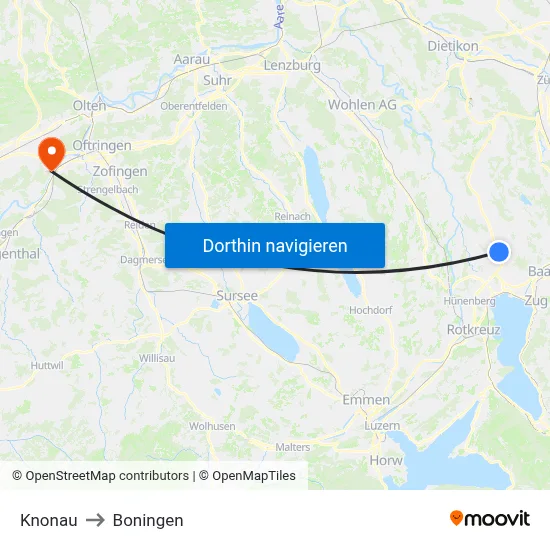 Knonau to Boningen map
