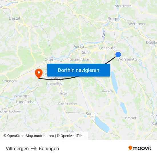 Villmergen to Boningen map