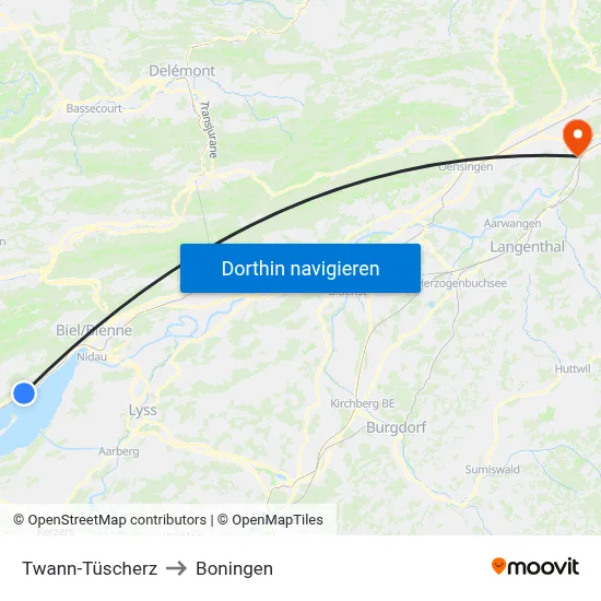 Twann-Tüscherz to Boningen map