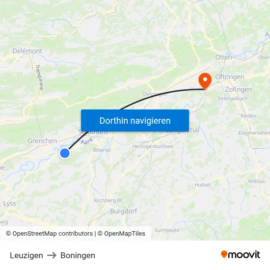 Leuzigen to Boningen map