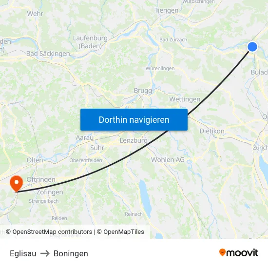 Eglisau to Boningen map
